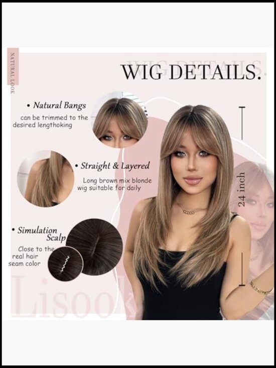 24 inch Straight Wig with Bangs Layered Synthetic Hair Heat Resistant Daily Wear main image 7